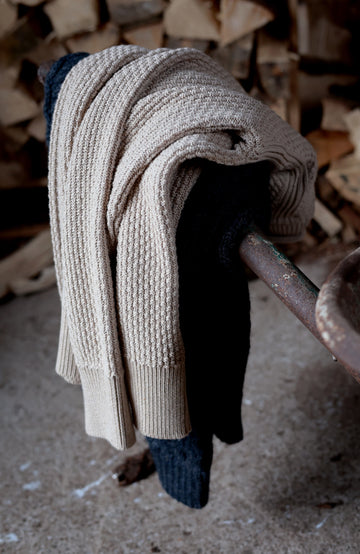 Women's beige moss stitch fisherman's cotton jumper by Paul James Knitwear.