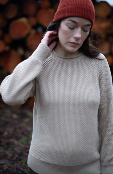Women's beige moss stitch fisherman's cotton jumper by Paul James Knitwear.