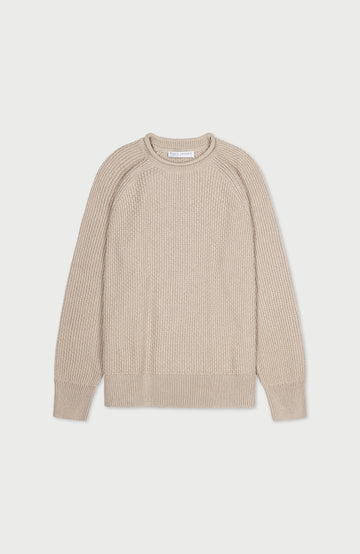Women's beige textured fisherman's cotton jumper by Paul James Knitwear.