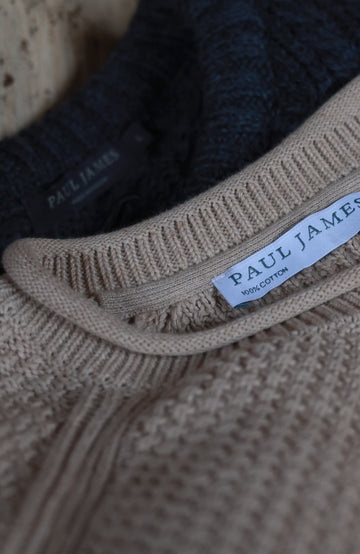 Women's beige moss stitch fisherman's cotton jumper by Paul James Knitwear.