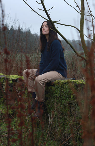 Women's navy cotton textured fisherman jumper by Paul James Knitwear.