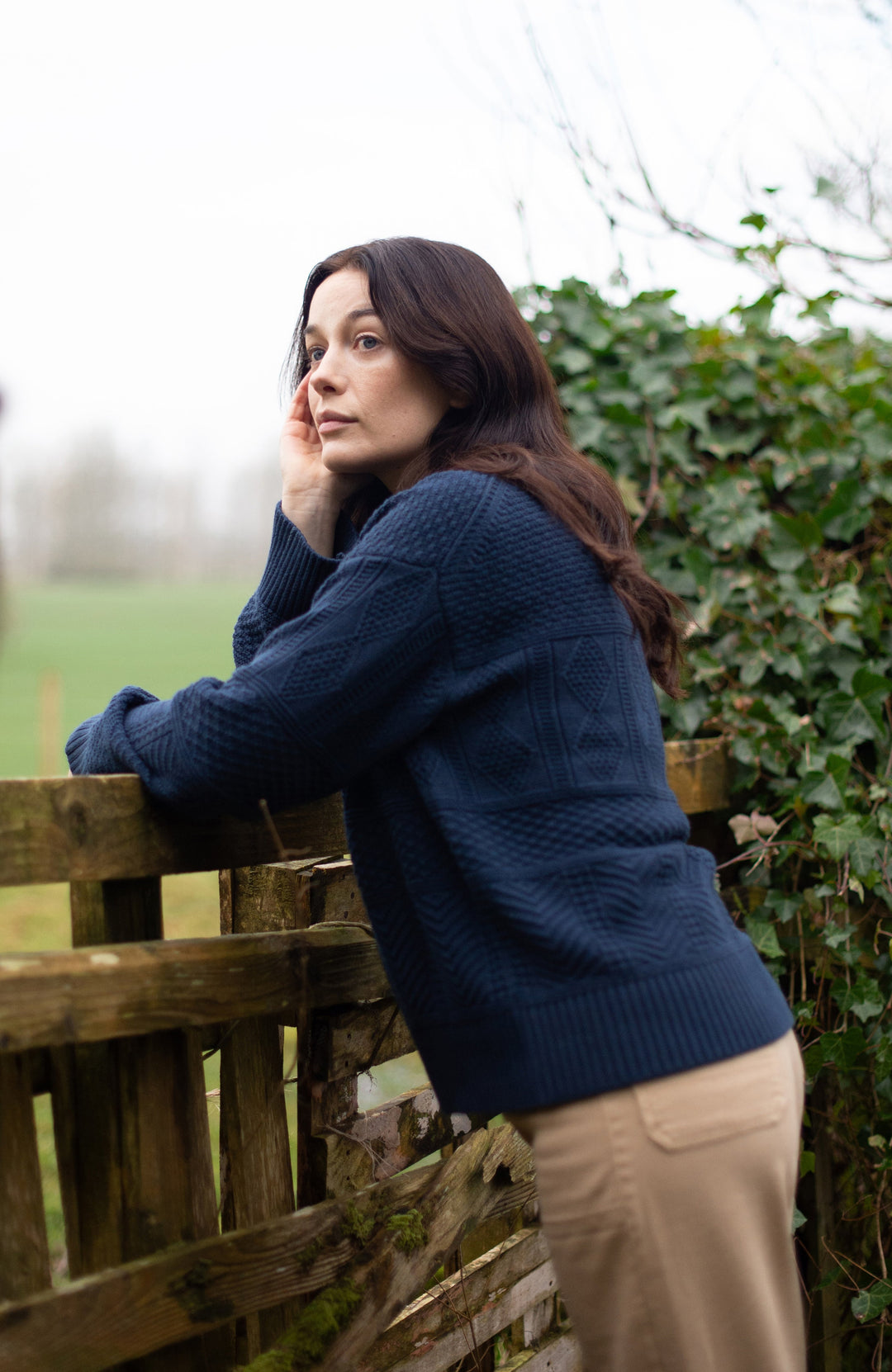 Women's navy cotton textured fisherman jumper by Paul James Knitwear. 