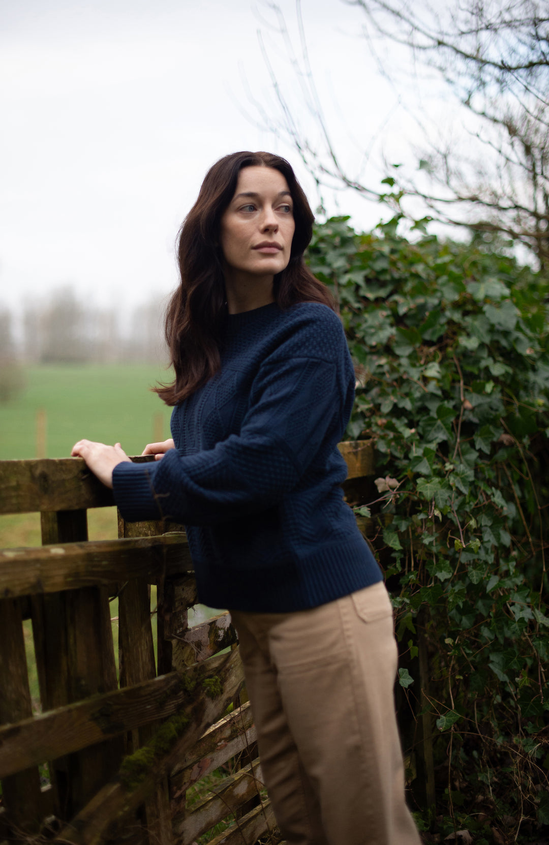 Women's navy cotton textured fisherman jumper by Paul James Knitwear.