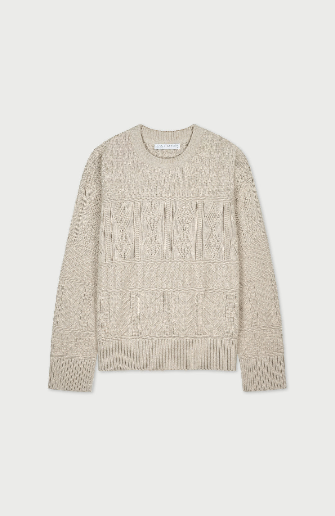 Women's beige cotton textured fisherman jumper by Paul James Knitwear.