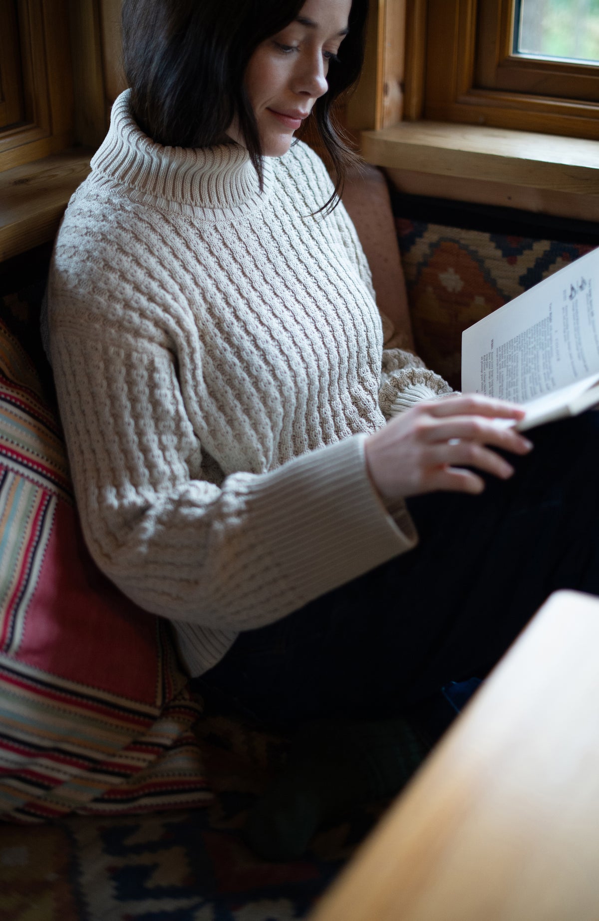 Womens Midweight Cotton Cable Roll Neck Jumper - Feature 1