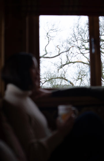 A person in a dark room sits by a window, holding a mug. Bare tree branches are visible outside the window. Made by Paul James Knitwear.