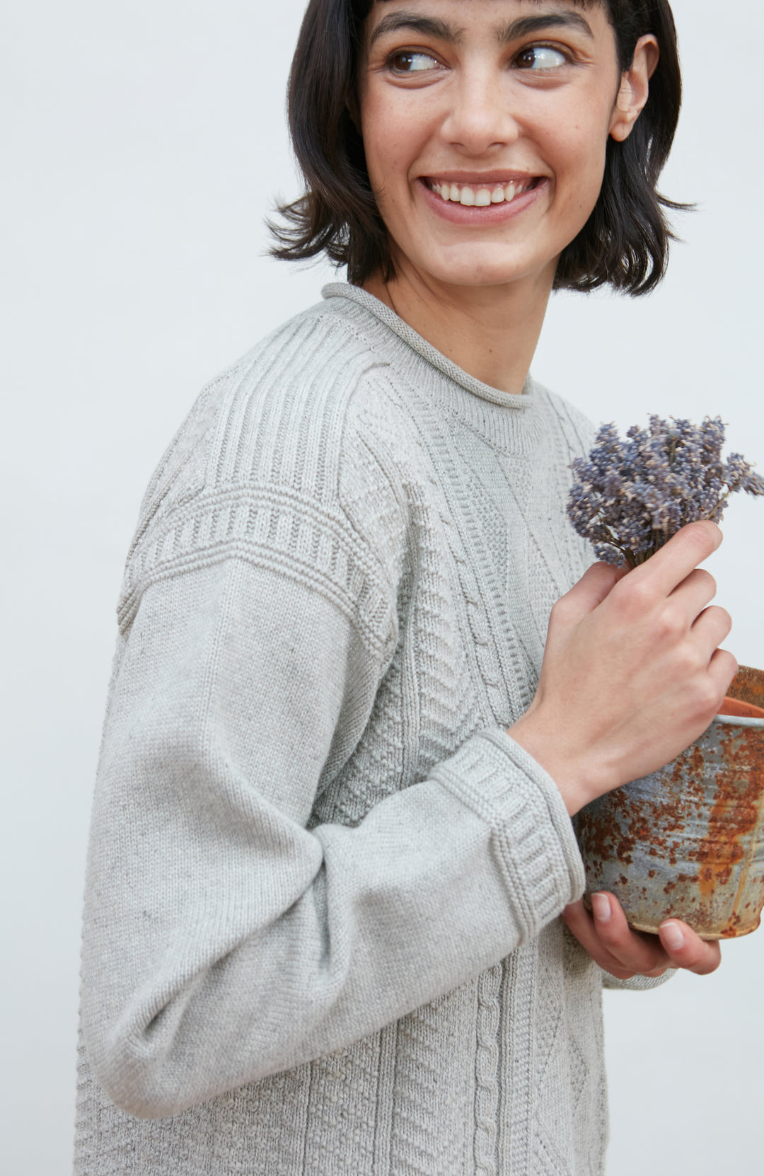 Grey Woman's Fisherman Jumper cotton by Paul James Knitwear