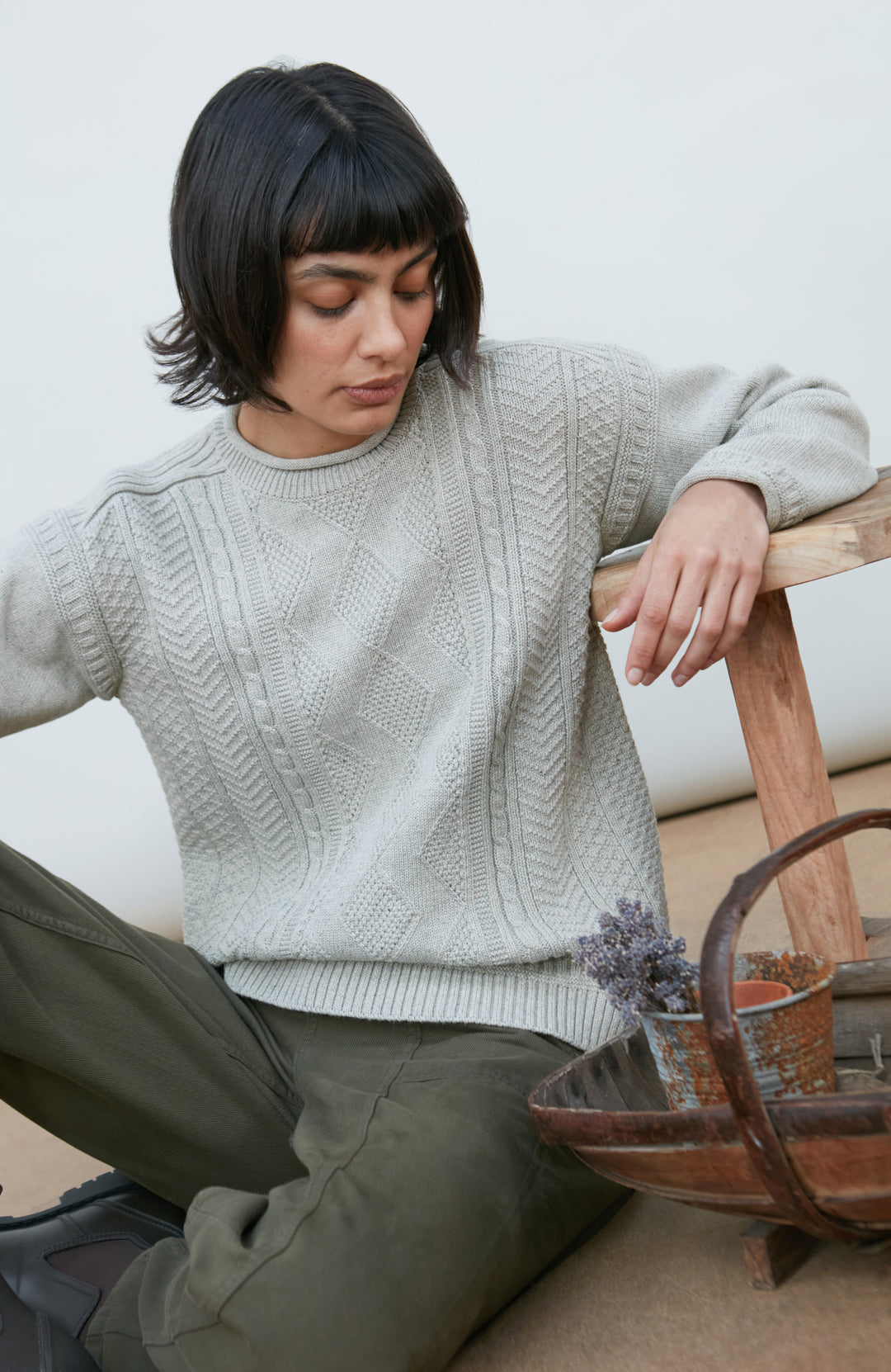Grey Woman's Fisherman Jumper cotton by Paul James Knitwear