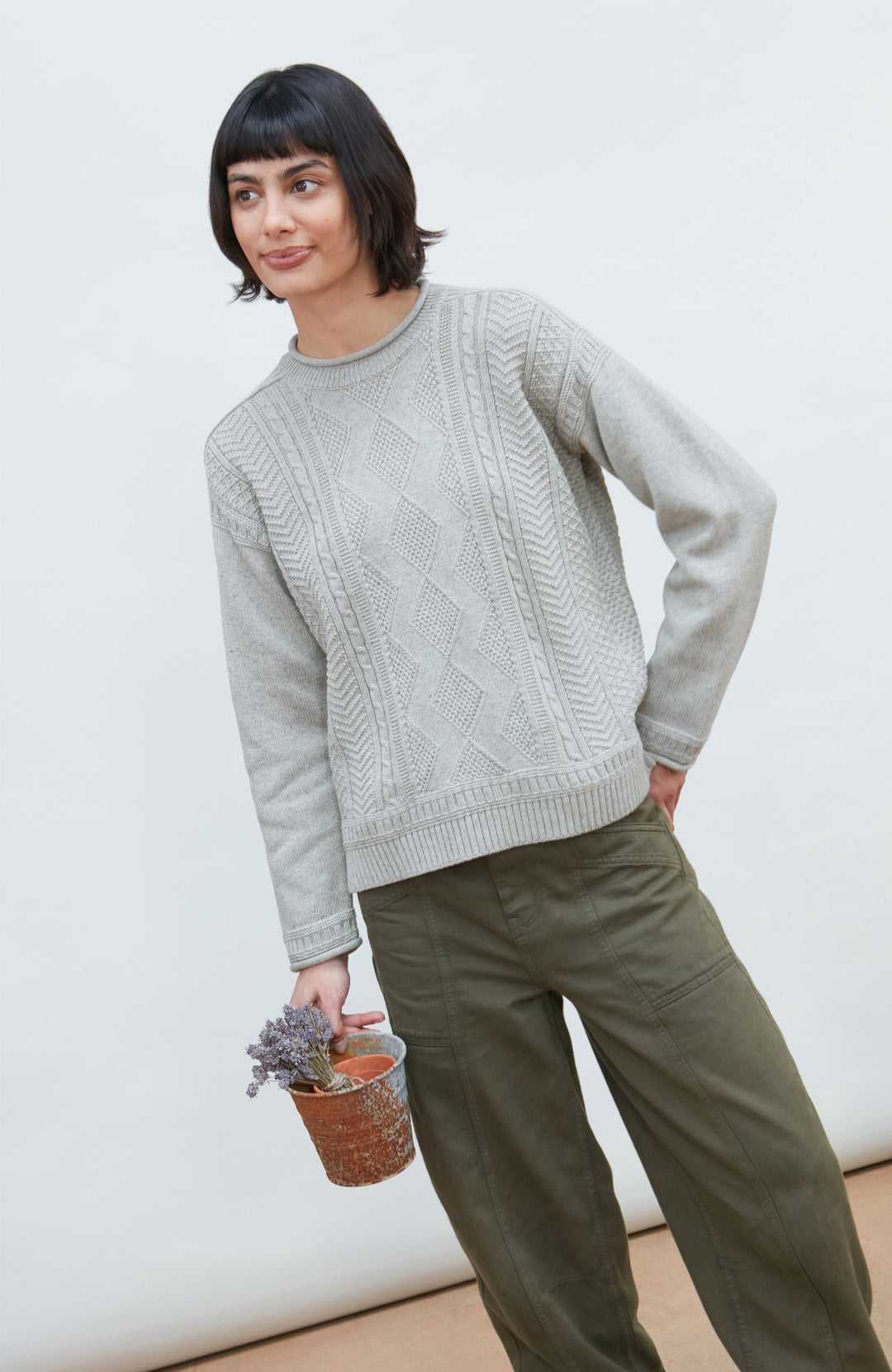 Grey Woman's Fisherman Jumper cotton by Paul James Knitwear