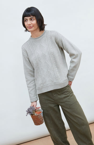 Grey Woman's Fisherman Jumper cotton by Paul James Knitwear