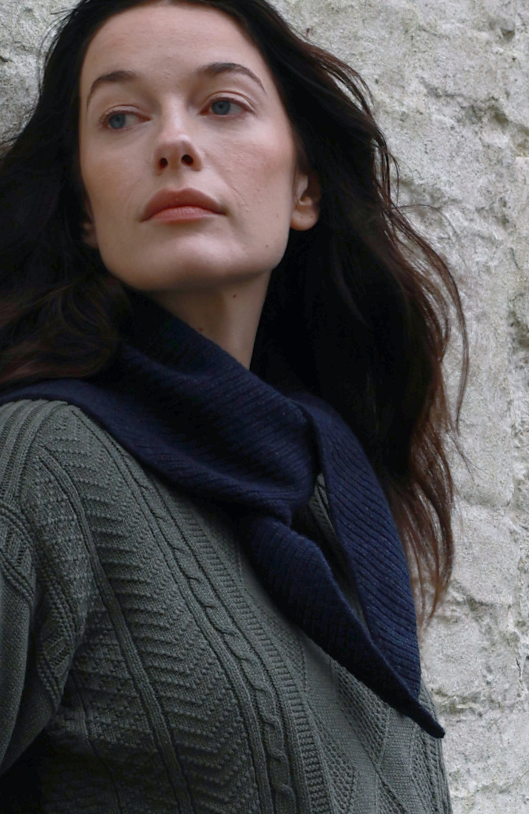 Navy womens wool triangle scarf by Paul James Knitwear