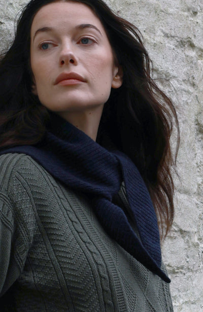 Navy womens wool triangle scarf by Paul James Knitwear 