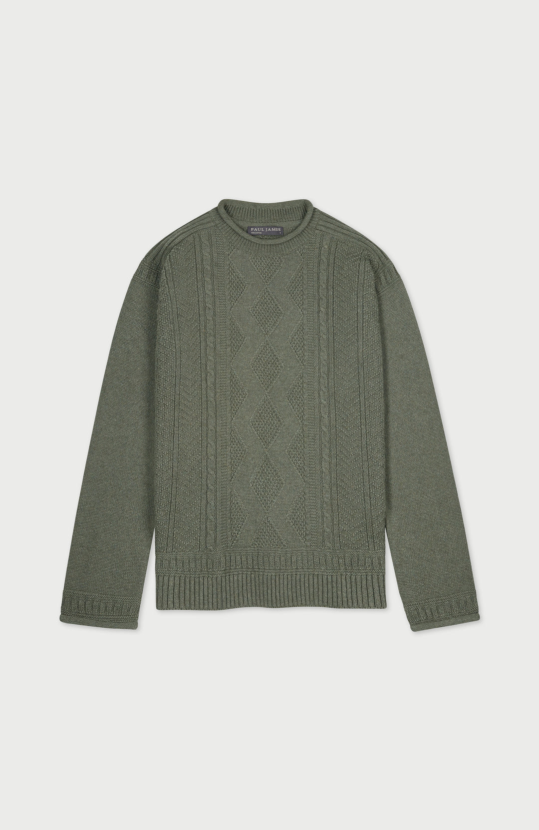 Green women's fisherman's gansey sweater with rolled edge trims by Paul James Knitwear.