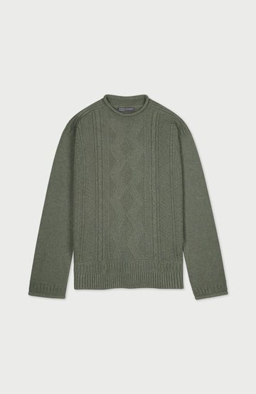 Green women's fisherman's gansey sweater with rolled edge trims by Paul James Knitwear.