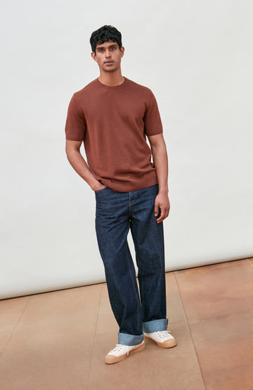Men's red-brown short-sleeved cotton linen t-shirt by Paul James Knitwear