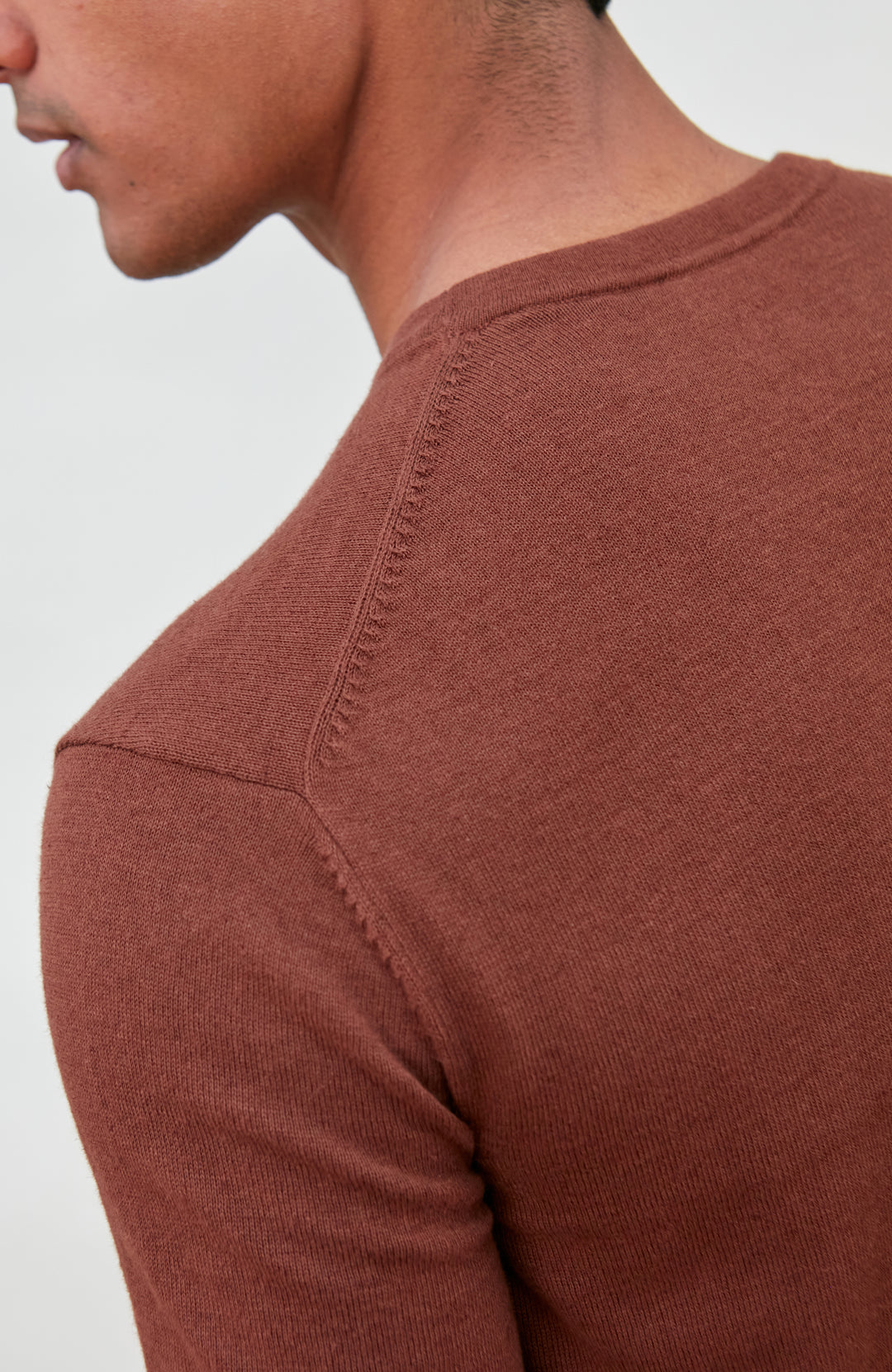 Men's red-brown short-sleeved cotton linen t-shirt by Paul James Knitwear