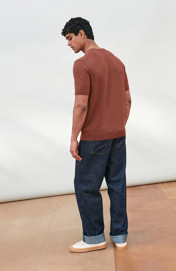 Men's red-brown short-sleeved cotton linen t-shirt by Paul James Knitwear