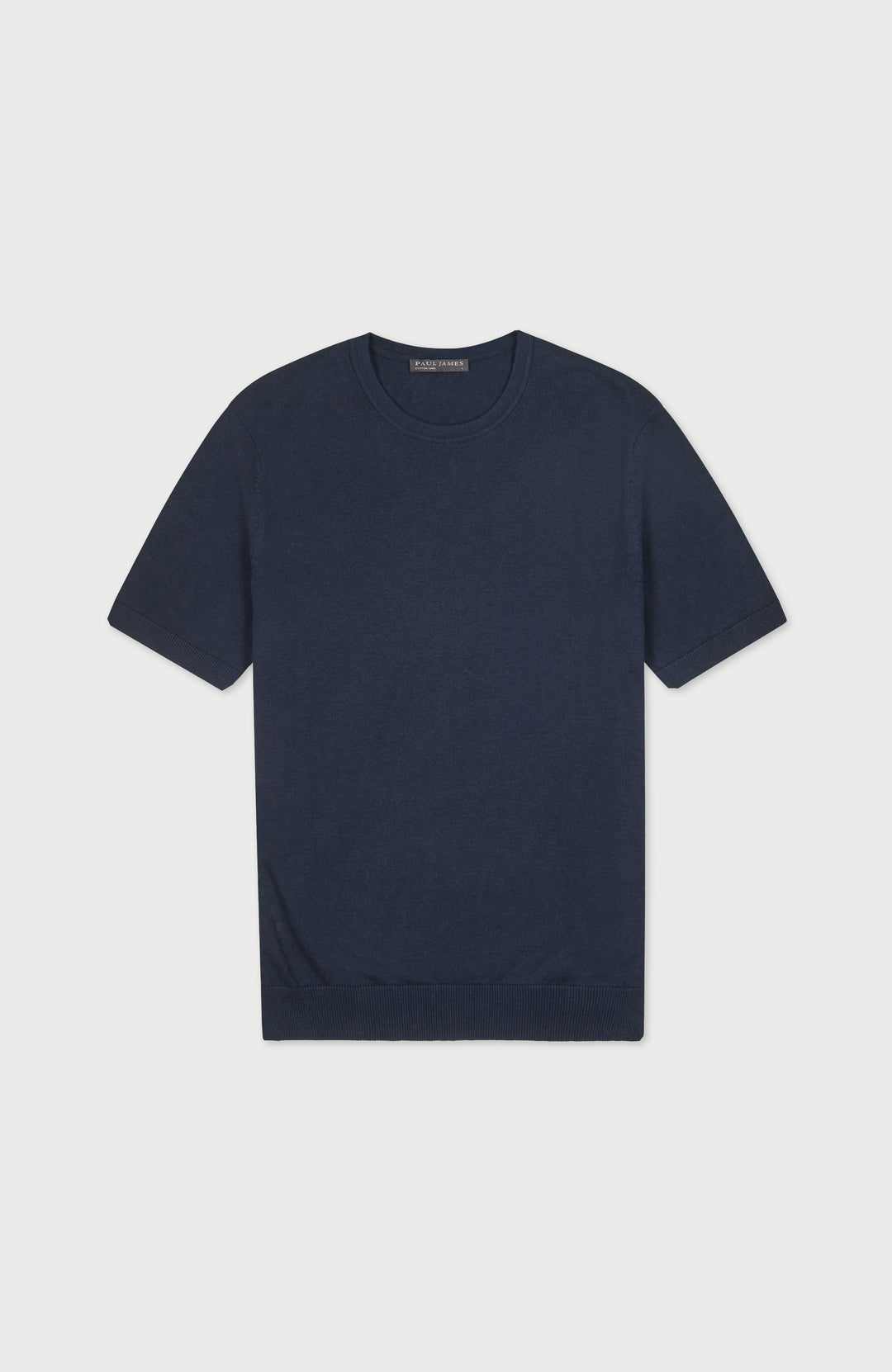 Men's navy short-sleeved cotton linen t-shirt by Paul James Knitwear
