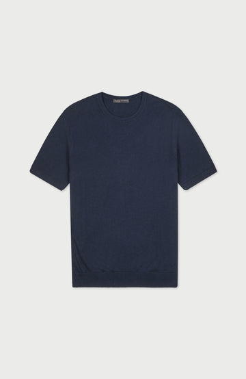 Men's navy short-sleeved cotton linen t-shirt by Paul James Knitwear