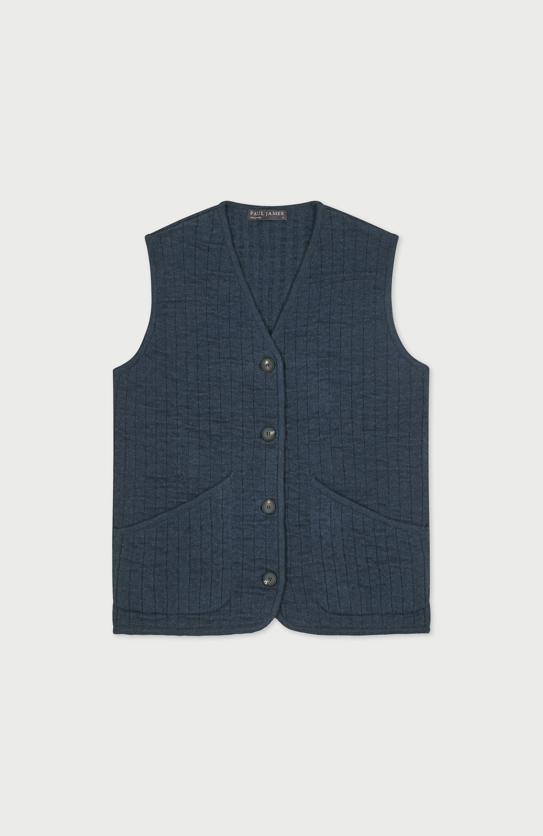 A womens dark blue textured quilted vest with a button-up front and front pockets, displayed flat against a light gray background by Paul James Knitwear