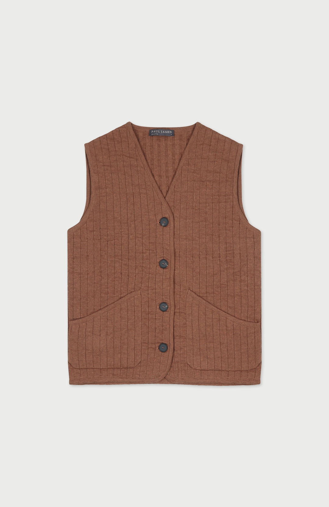 A womens sleeveless brown ribbed knit vest by Paul James Knitwear with a V-neck, four dark buttons, and two front patch pockets, shown flat against a light gray background.