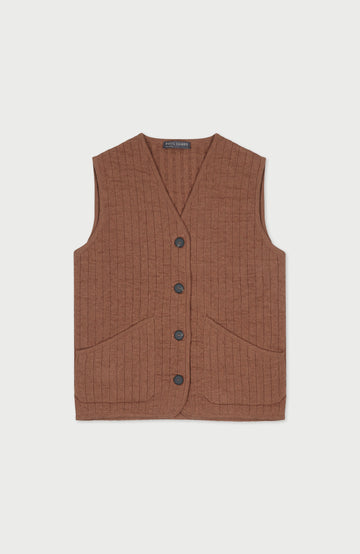 A womens sleeveless brown ribbed knit vest by Paul James Knitwear with a V-neck, four dark buttons, and two front patch pockets, shown flat against a light gray background.