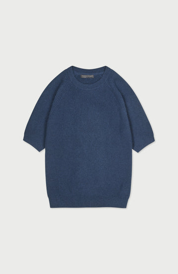 A navy blue ribbed knit short-sleeve sweater by paul james knitwear with a crew neck, displayed flat against a light gray background.