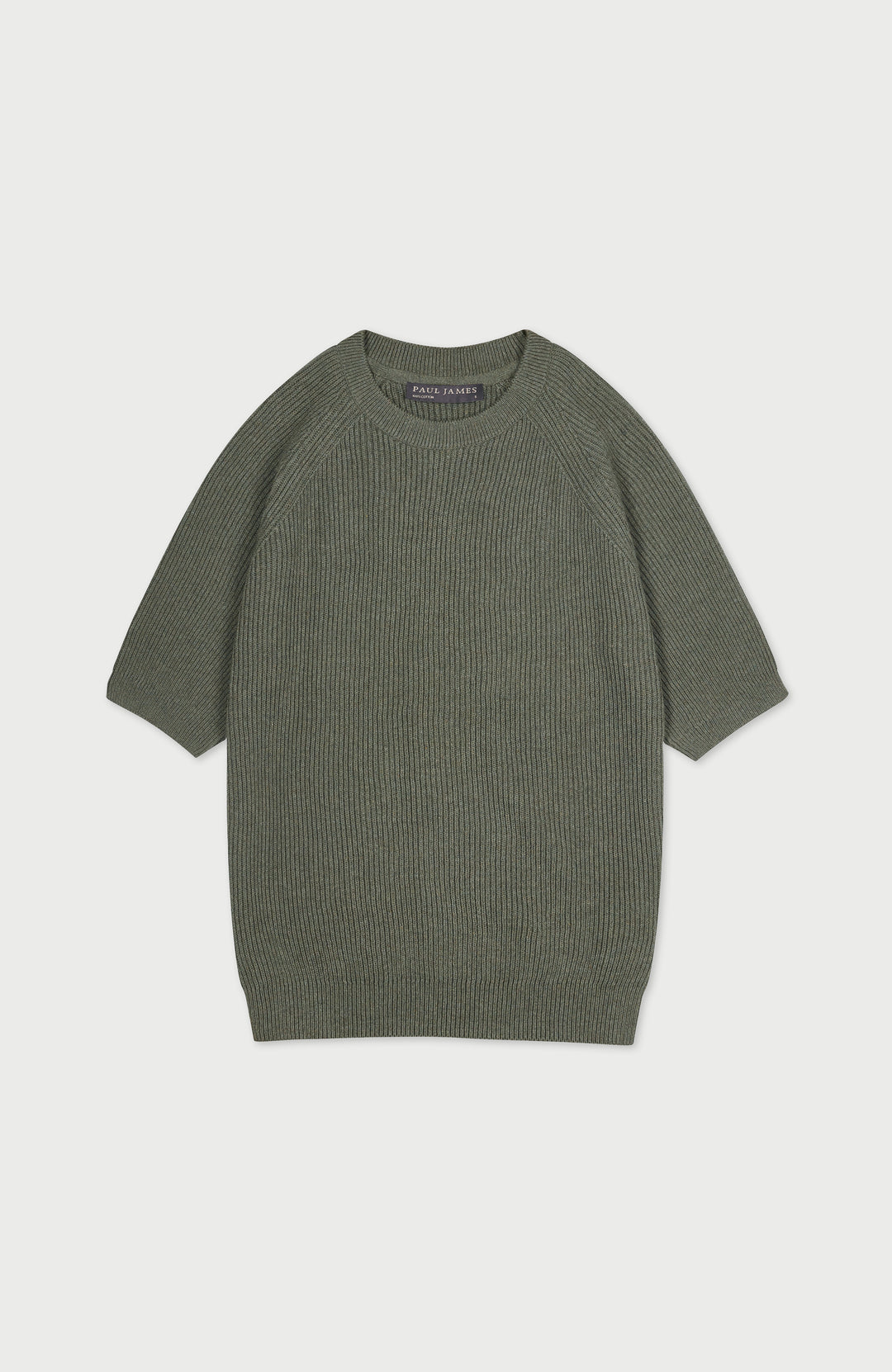 An olive green ribbed knit short-sleeve sweater with a crew neck by paul james knitwear, displayed flat against a light gray background.