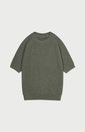 An olive green ribbed knit short-sleeve sweater with a crew neck by paul james knitwear, displayed flat against a light gray background.