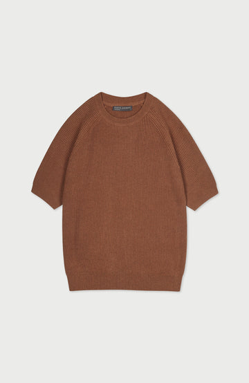 A womens rust-brown ribbed knit sweater by Paul James Knitwear with short raglan sleeves, displayed flat against a light gray background.