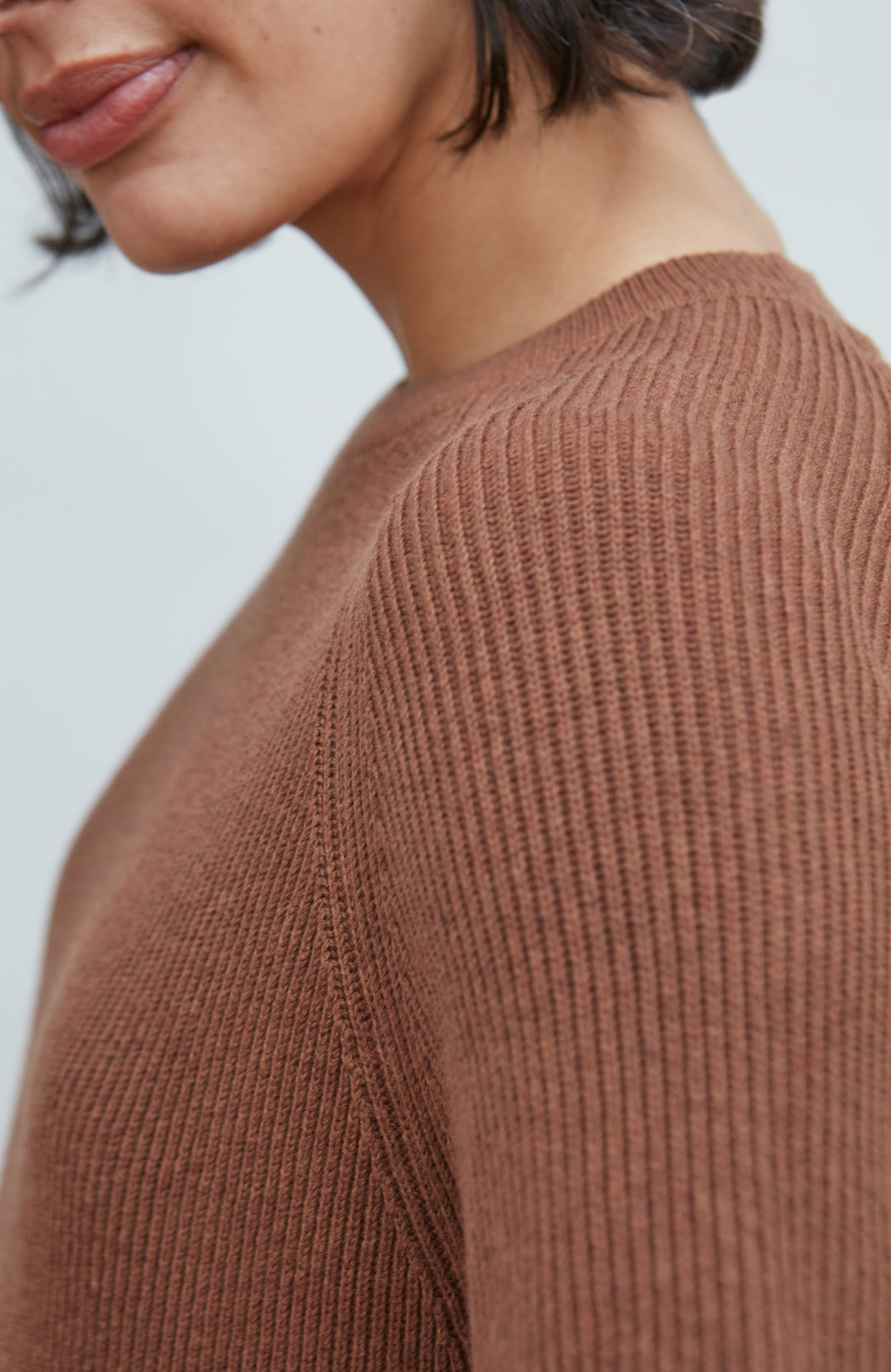 Close-up of a person wearing a ribbed knit sweater in a warm brownish-rose tone against a light gray background.