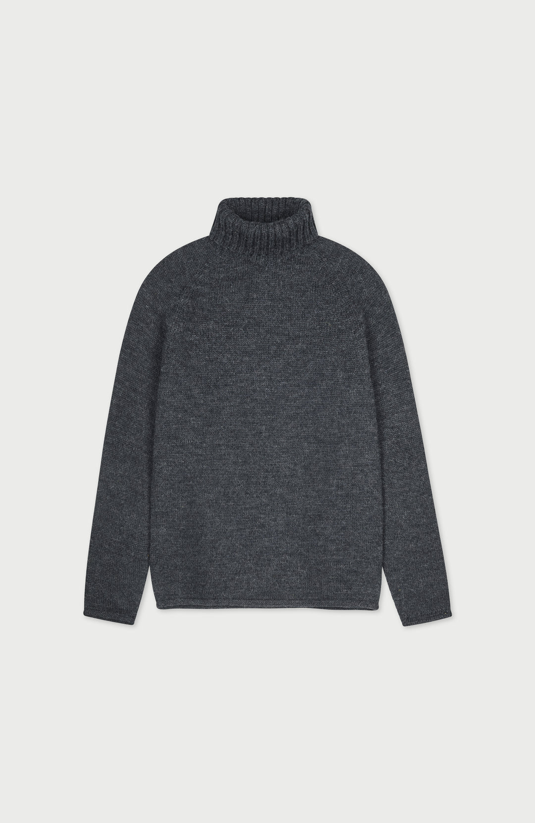 Charcoal men's British wool roll neck sweater made in England by Paul James Knitwear.