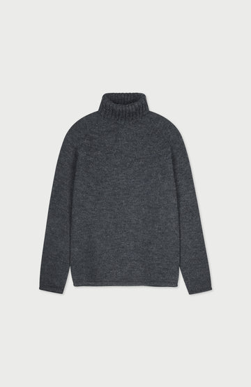 Charcoal men's British wool roll neck sweater made in England by Paul James Knitwear.