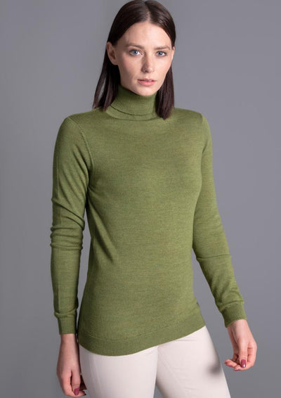 green womens merino wool roll neck jumper