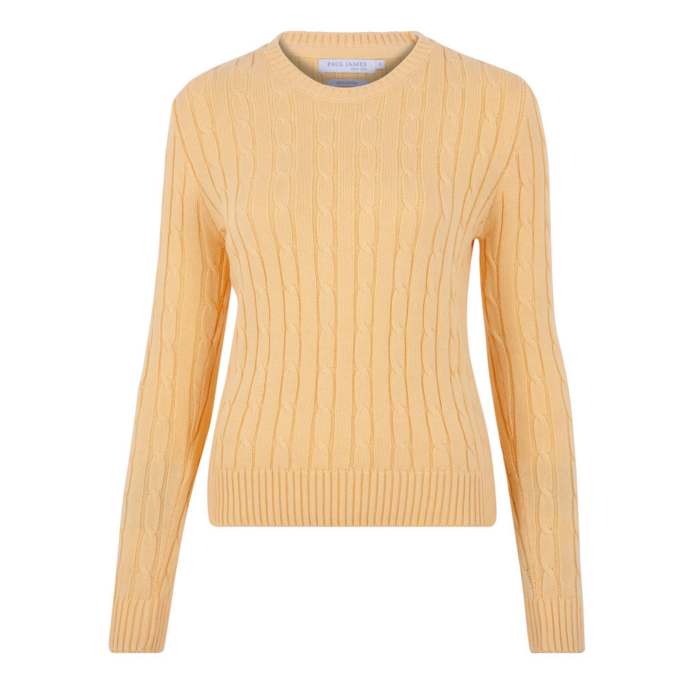 ladies yellow cotton cable round neck jumper