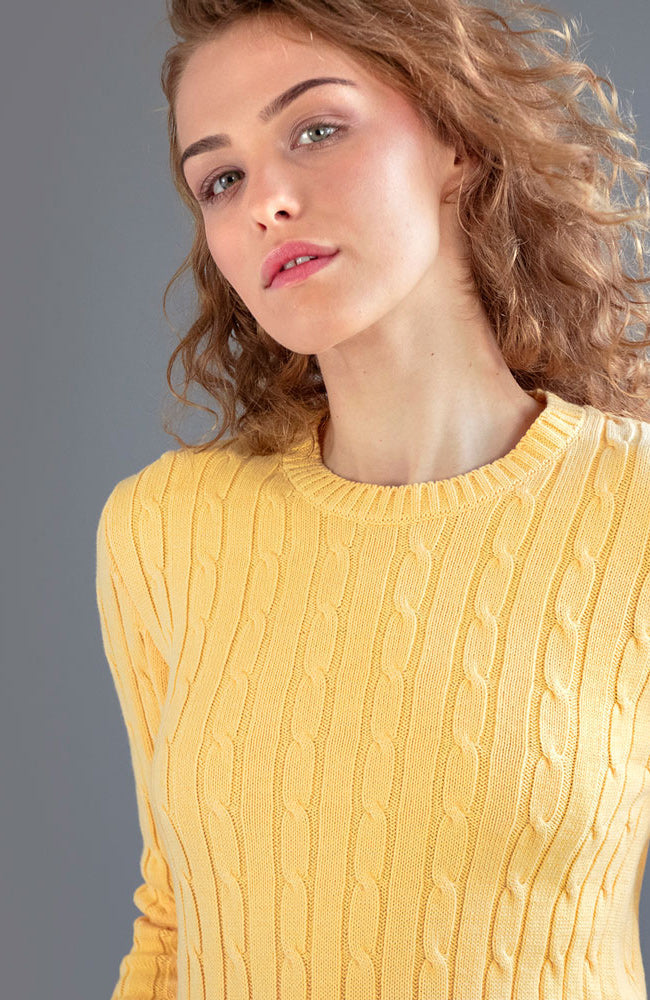 womens soft yellow cotton cable jumper