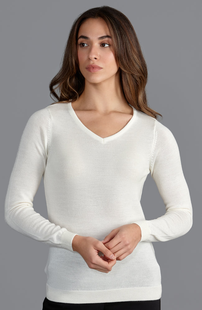 womens white fine knit warm merino wool v neck jumper