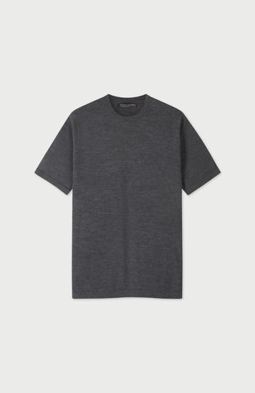 grey merino wool mens t-shirt on a light gray background