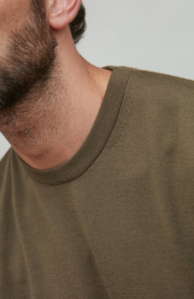 man wearing green merino wool t-shirt