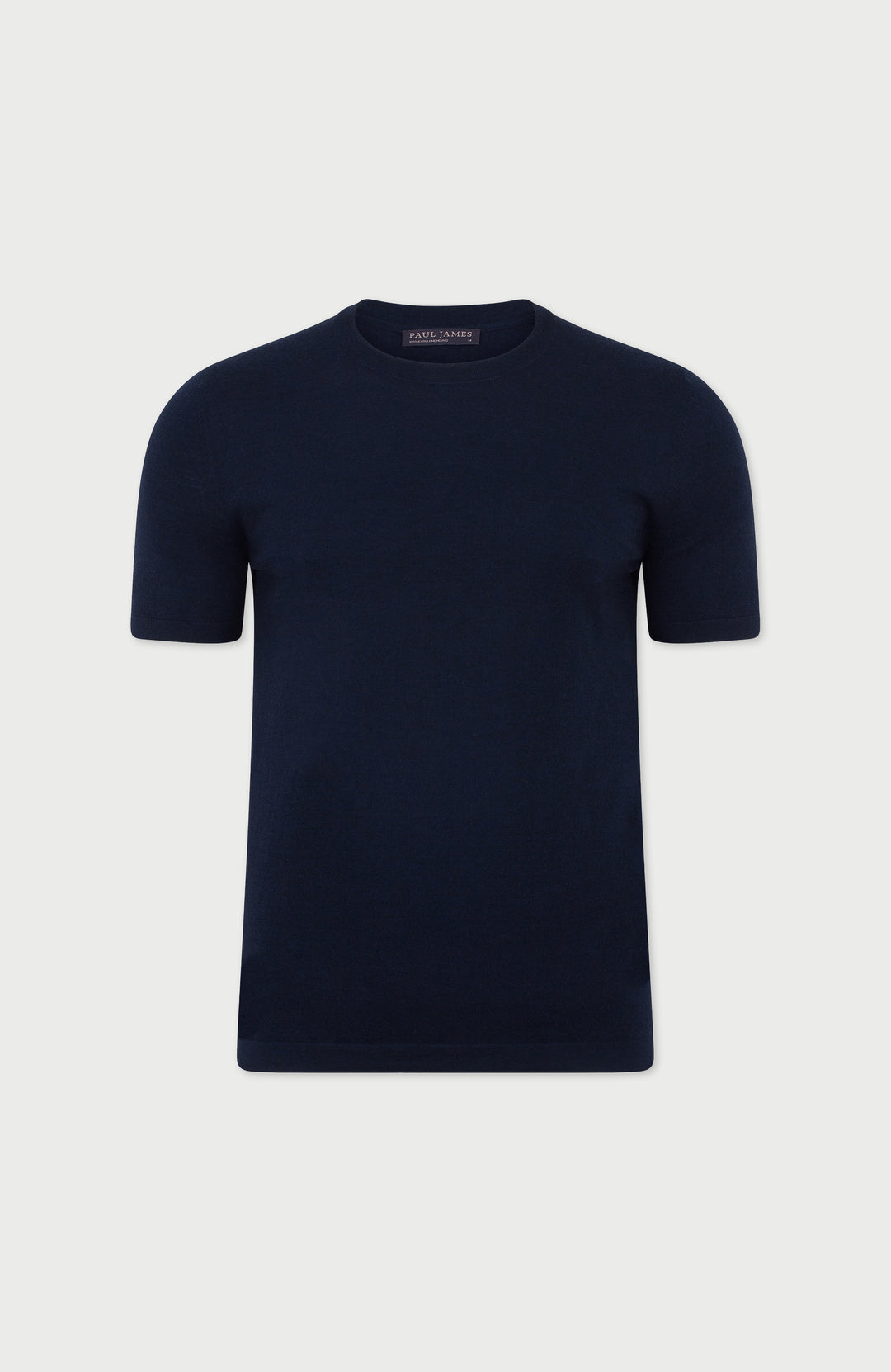 Navy blue merino wool mens t-shirt on a light gray background