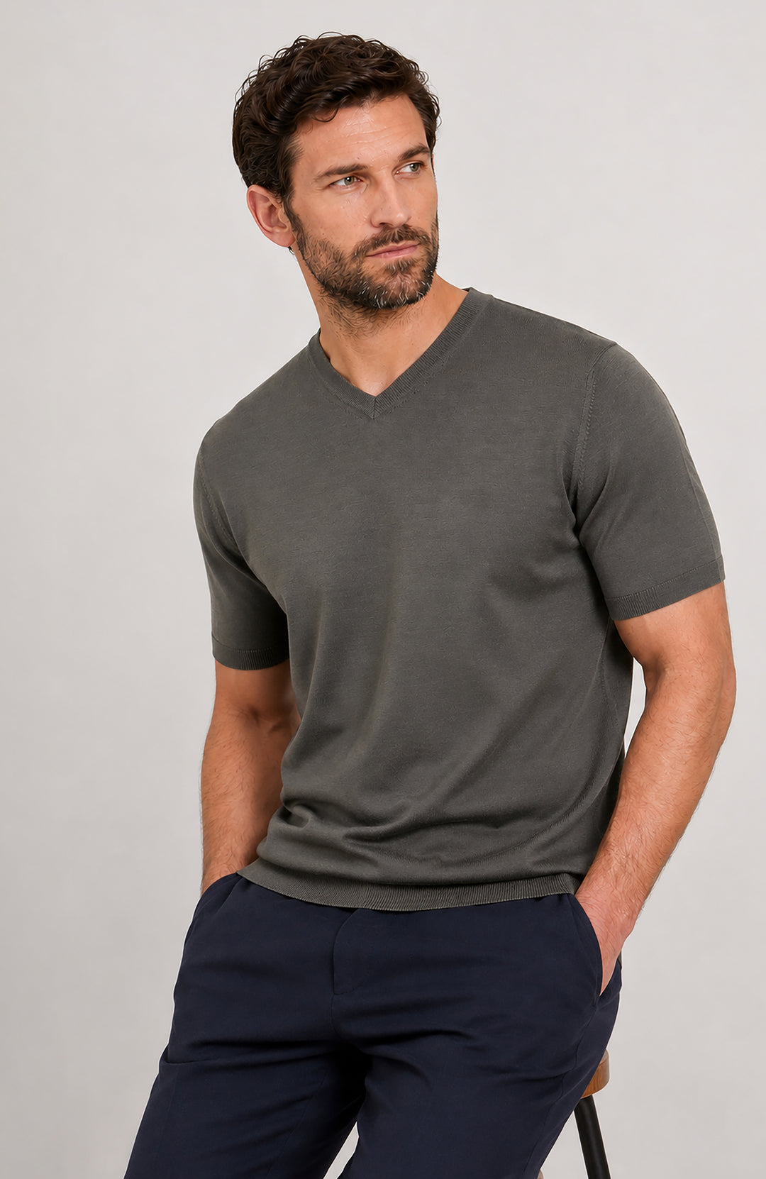 charcoal mens v neck mercerised cotton premium t-shirt by Paul James Knitwear