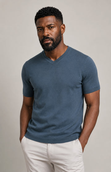 blue mens v neck mercerised cotton premium t-shirt by Paul James Knitwear