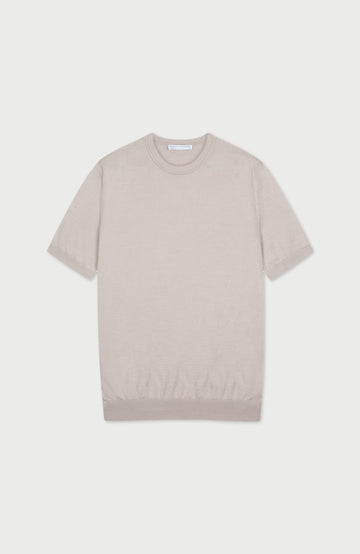 beige fine wool silk luxury t-shirt by Paul James on a white background