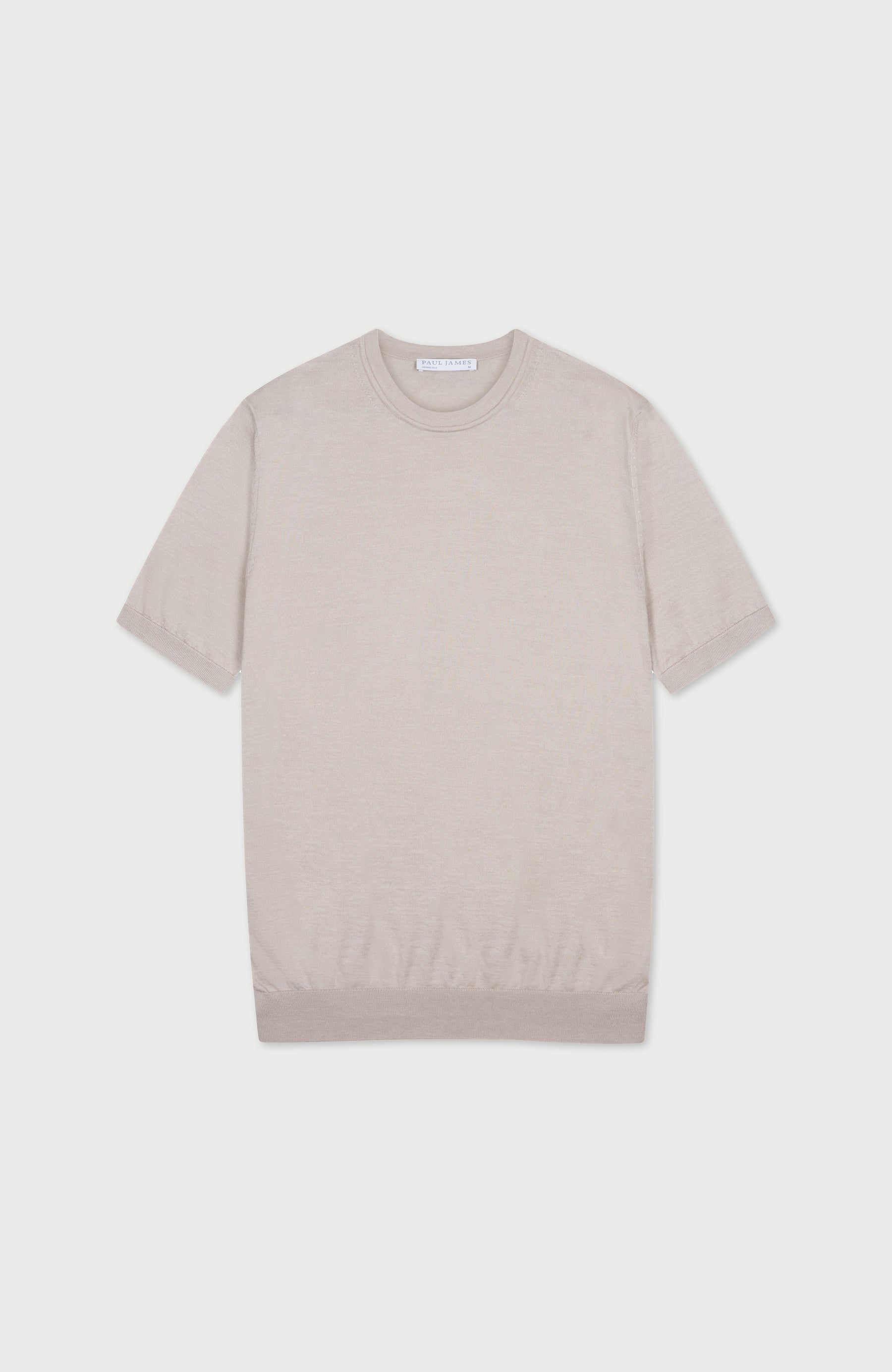 beige fine wool silk luxury t-shirt by Paul James on a white background