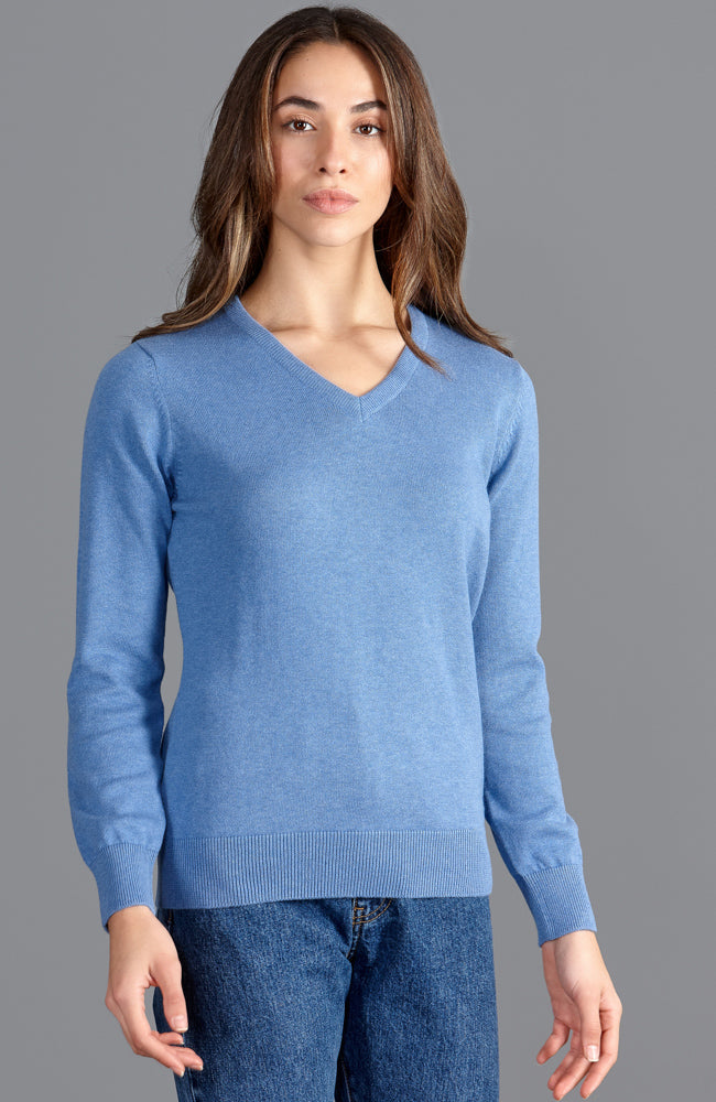 womens blue thin soft v neck cotton jumper