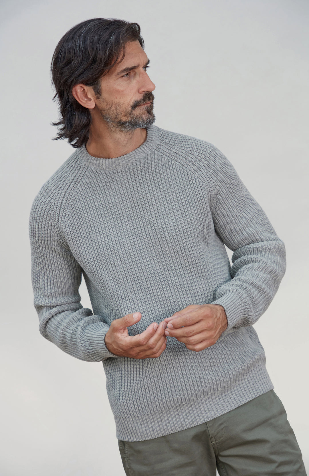 Men's Ash Grey Fisherman Rib Cotton Sweater by Paul James Knitwear. 