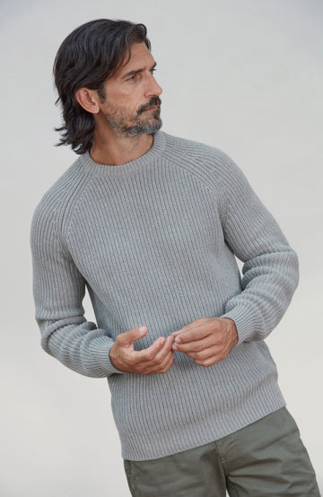 Men's Ash Grey Fisherman Rib Cotton Sweater by Paul James Knitwear.