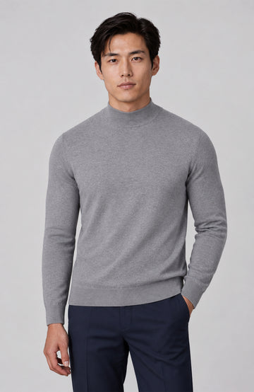 Grey men's mock turtle neck cotton sweater by Paul James Knitwear
