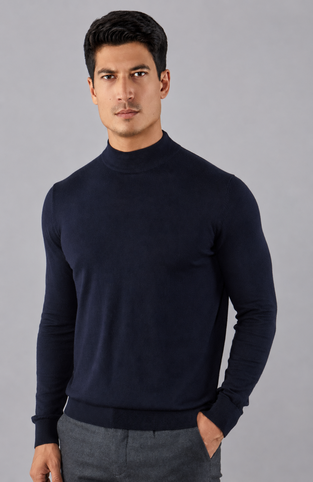 Navy men's fine mock neck jumper by Paul James Knitwear