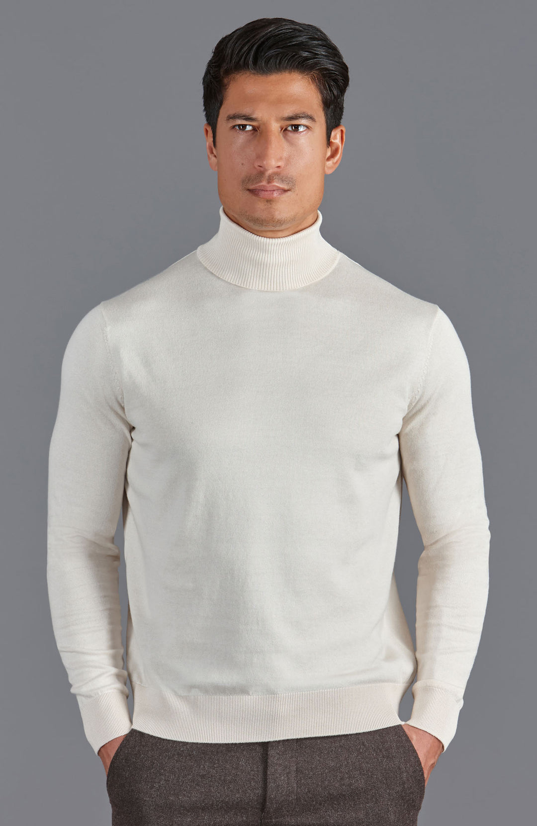 mens ecru roll neck cotton sweater
